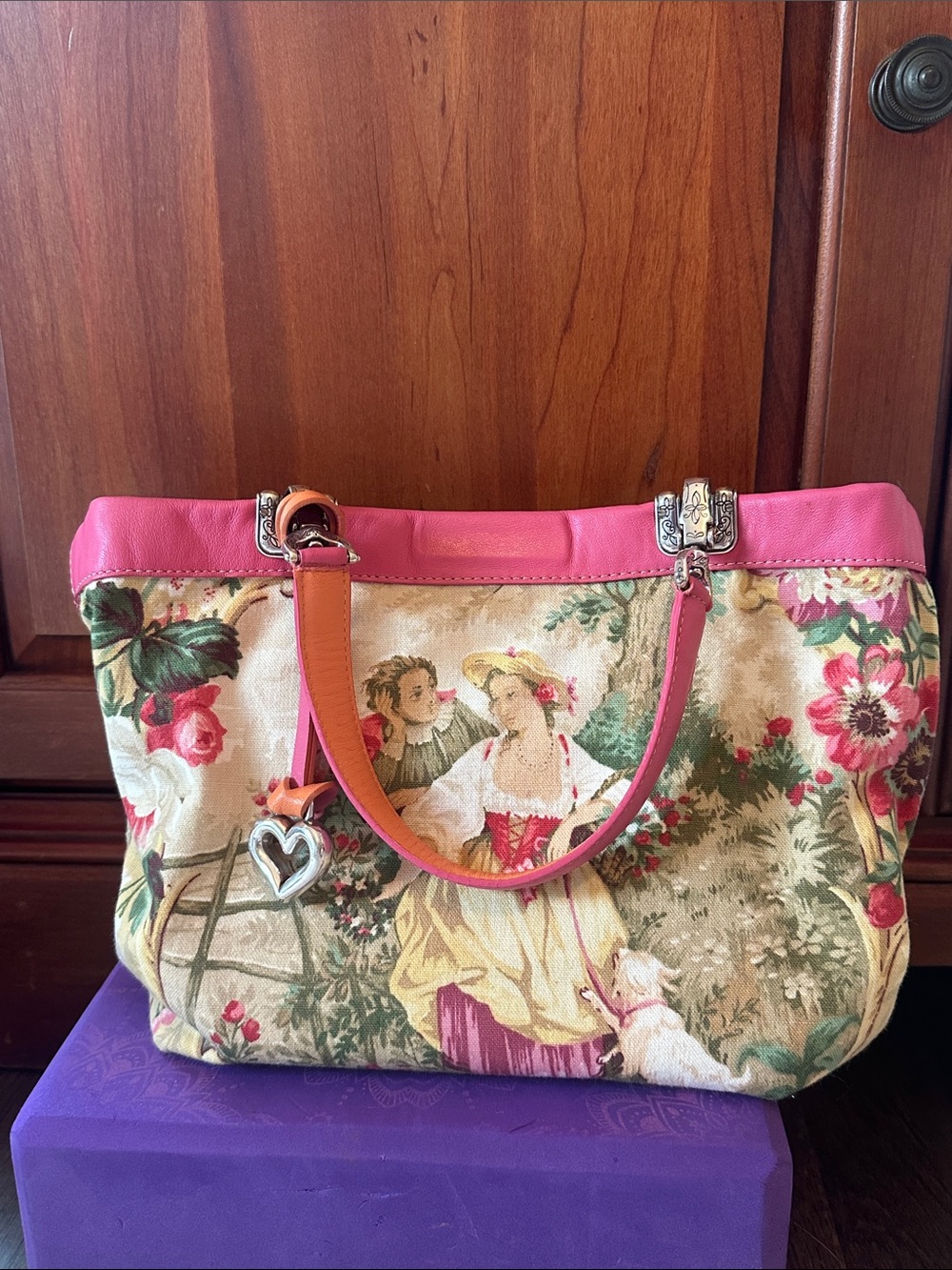 Brighton Pink-Trim Floral Tapestry Shoulder Bag with Heart Charm